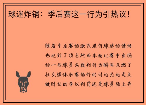 球迷炸锅：季后赛这一行为引热议！
