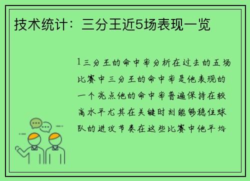 技术统计：三分王近5场表现一览