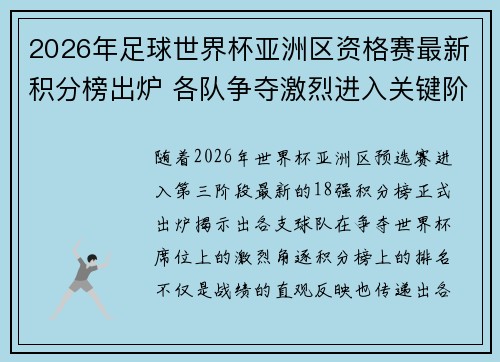 2026年足球世界杯亚洲区资格赛最新积分榜出炉 各队争夺激烈进入关键阶段